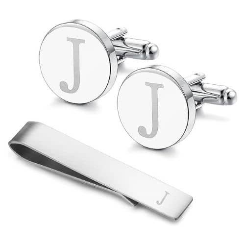LOYALLOOK Stainless Steel Engraved Initial Cufflinks and Tie Clip Bar